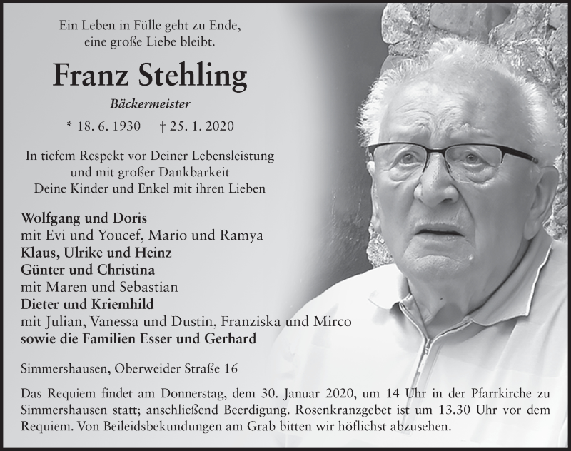  Traueranzeige für Franz Stehling vom 28.01.2020 aus FZ