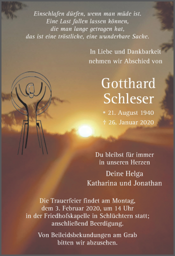 Traueranzeige von Gotthard Schleser von FZ