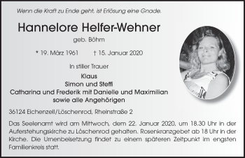 Traueranzeige von Hannelore Helfer-Wehner von FZ