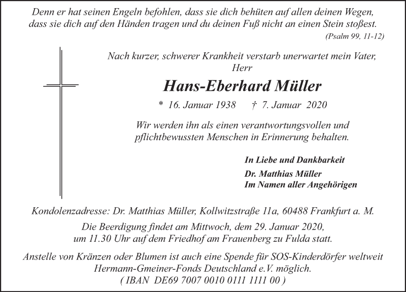  Traueranzeige für Hans-Eberhard Müller vom 25.01.2020 aus FZ