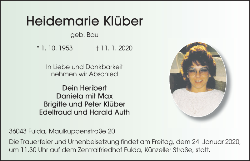  Traueranzeige für Heidemarie Klüber vom 21.01.2020 aus FZ