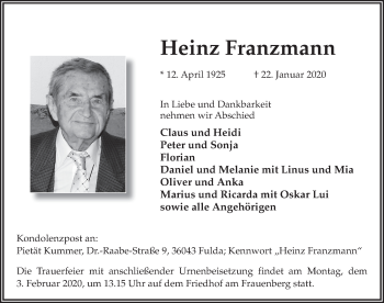 Traueranzeige von Heinz Franzmann von FZ