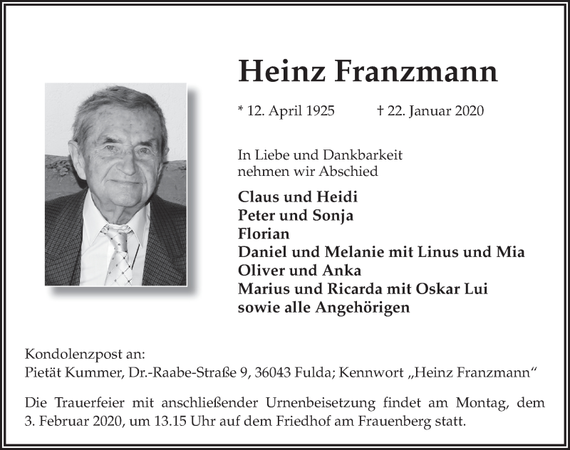  Traueranzeige für Heinz Franzmann vom 30.01.2020 aus FZ