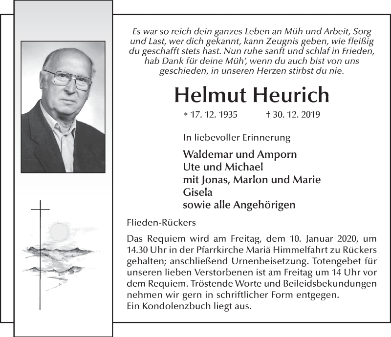  Traueranzeige für Helmut Heurich vom 07.01.2020 aus FZ
