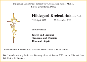 Traueranzeige von Hildegard Kreienbrink von FZ