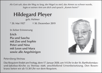 Traueranzeige von Hildegard Pleyer von FZ