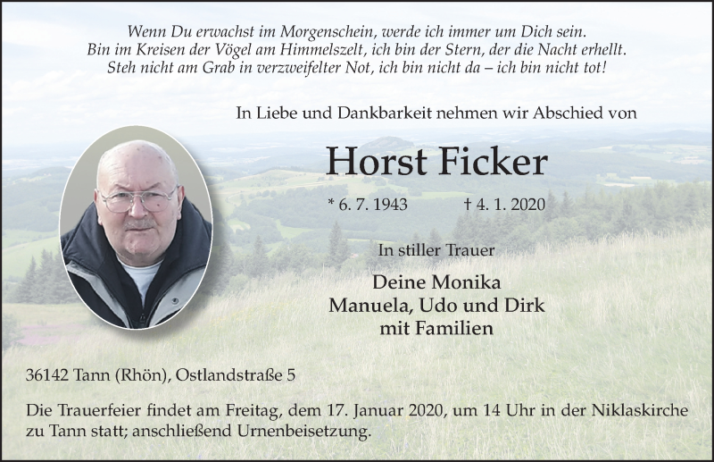  Traueranzeige für Horst Ficker vom 13.01.2020 aus FZ