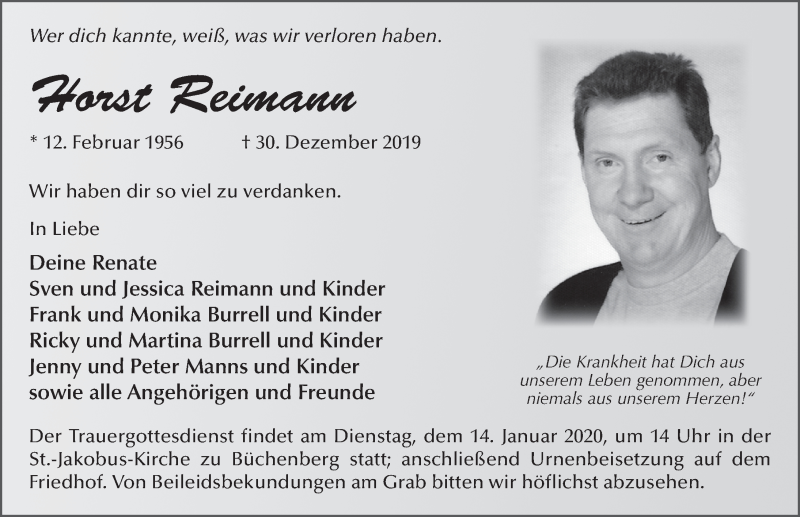 Traueranzeige für Horst Reimann vom 11.01.2020 aus FZ