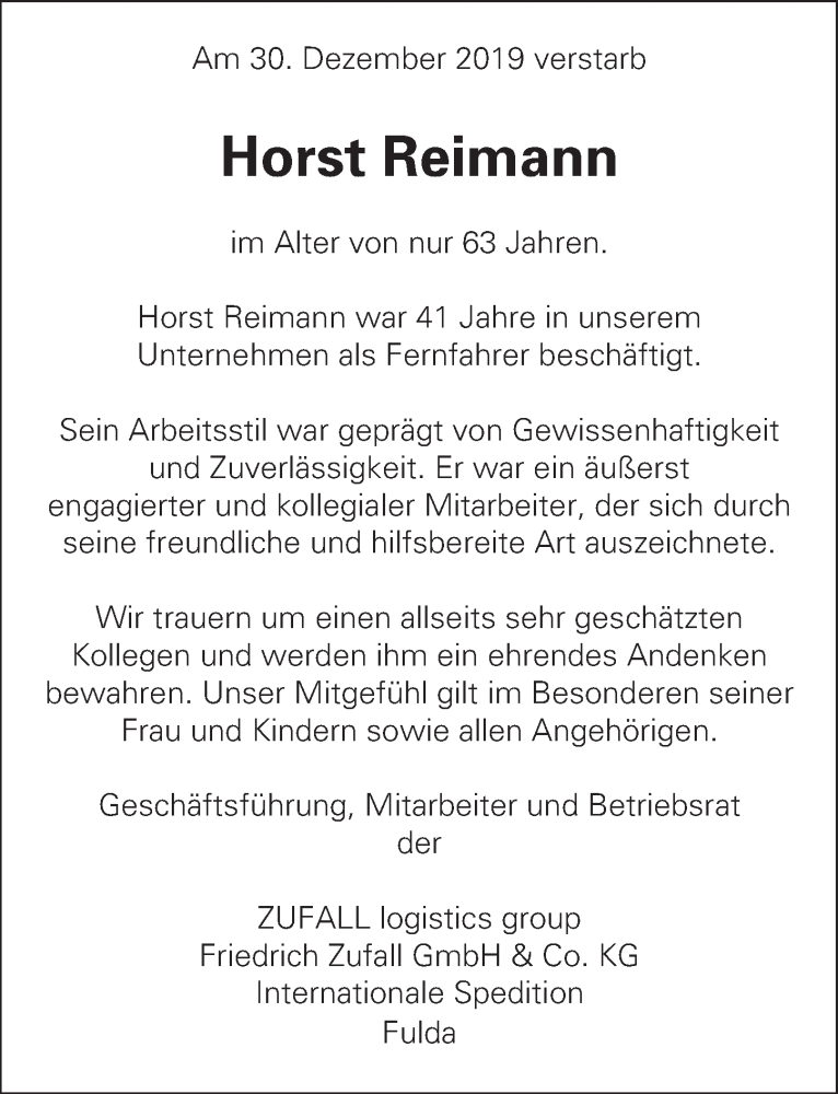  Traueranzeige für Horst Reimann vom 17.01.2020 aus FZ