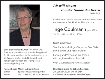 Traueranzeige von Inge Coulmann von FZ
