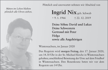Traueranzeige von Ingrid Nix von FZ