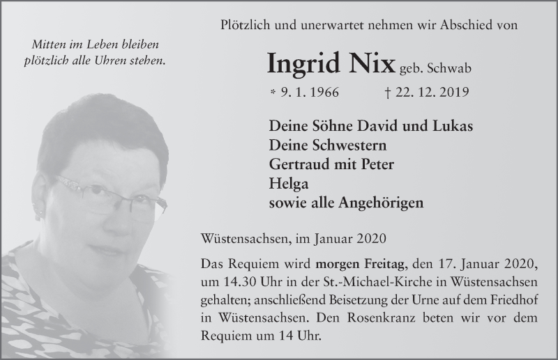  Traueranzeige für Ingrid Nix vom 16.01.2020 aus FZ