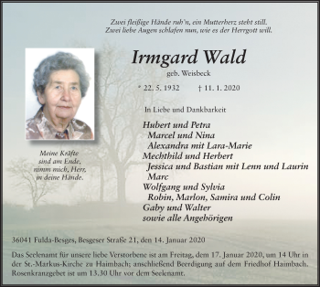 Traueranzeige von Irmgard Wald von FZ