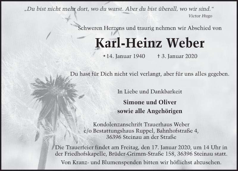  Traueranzeige für Karl-Heinz Weber vom 11.01.2020 aus FZ