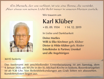 Traueranzeige von Karl Klüber von FZ