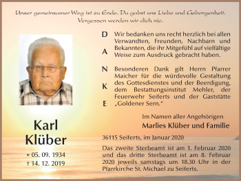 Traueranzeige von Karl Klüber von FZ