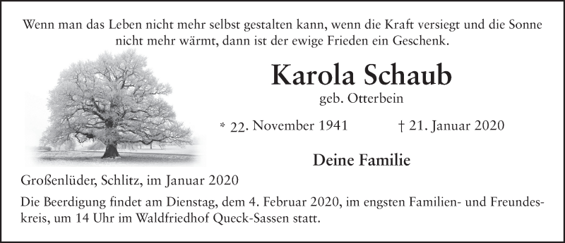  Traueranzeige für Karola Schaub vom 25.01.2020 aus FZ