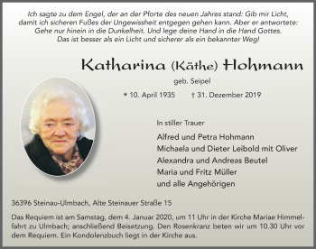 Traueranzeige von Katharina Hohmann von FZ