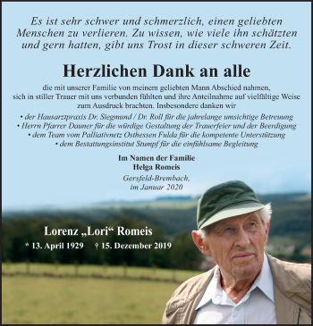 Traueranzeige von Lorenz Romeis von FZ