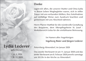 Traueranzeige von Lydia Lederer von FZ