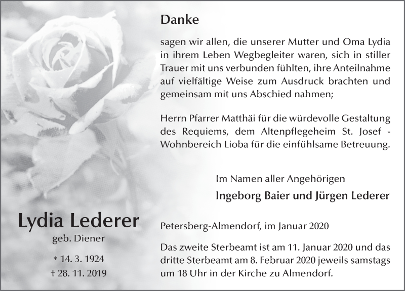  Traueranzeige für Lydia Lederer vom 07.01.2020 aus FZ