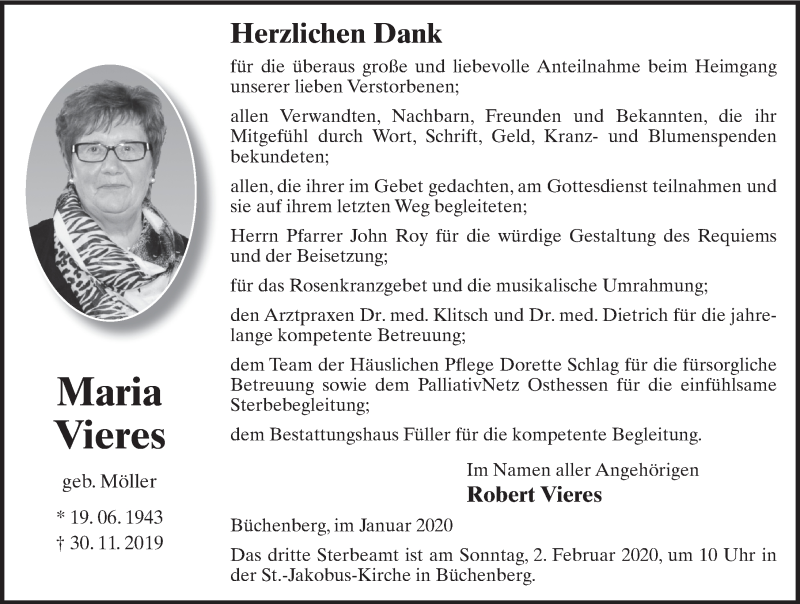  Traueranzeige für Maria Vieres vom 30.01.2020 aus FZ