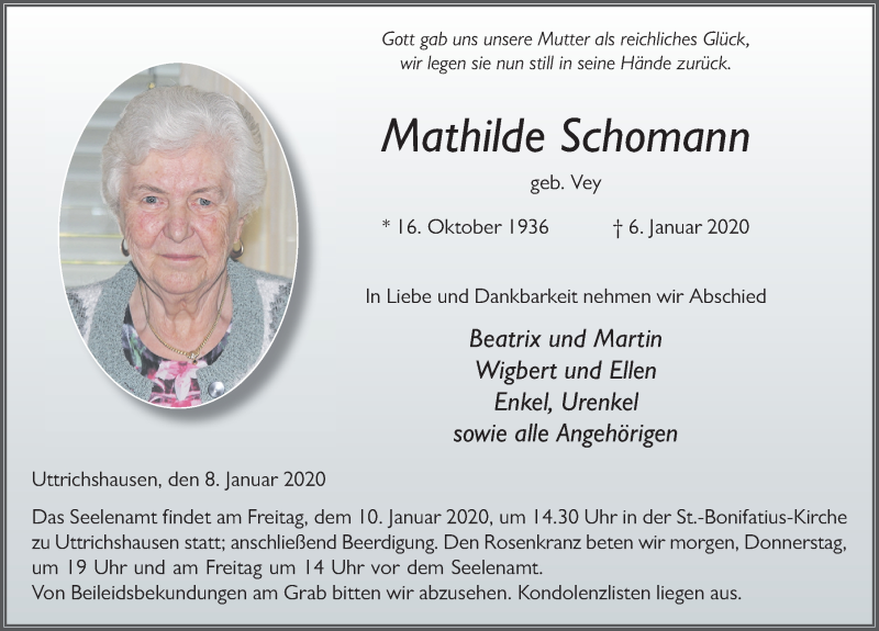  Traueranzeige für Mathilde Schomann vom 08.01.2020 aus FZ