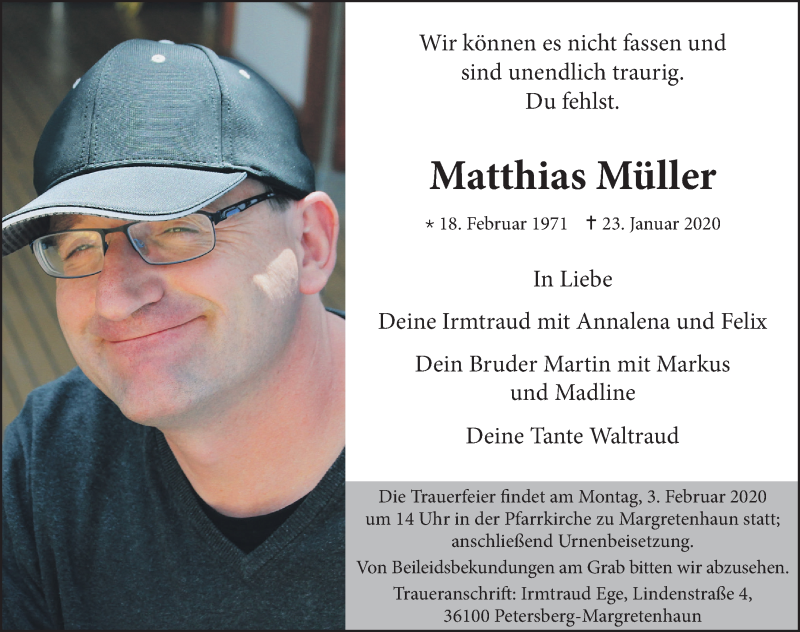  Traueranzeige für Matthias Müller vom 31.01.2020 aus FZ