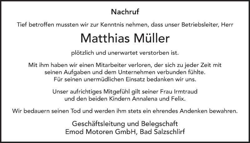  Traueranzeige für Matthias Müller vom 31.01.2020 aus FZ