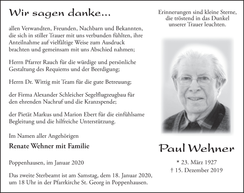  Traueranzeige für Paul Wehner vom 15.01.2020 aus FZ