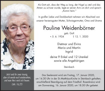Traueranzeige von Pauline Weidenbörner von FZ