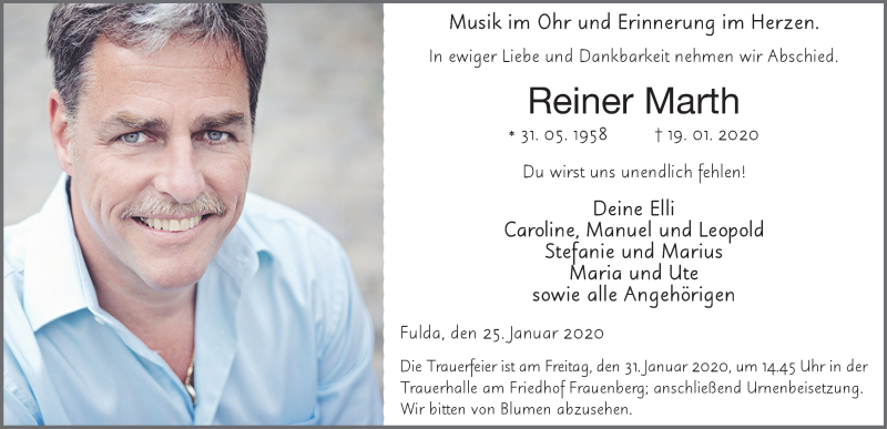  Traueranzeige für Reiner Marth vom 25.01.2020 aus FZ