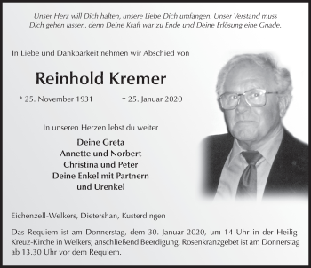 Traueranzeige von Reinhold Kremer