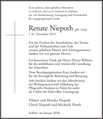 Traueranzeige von Renate Niepoth von FZ