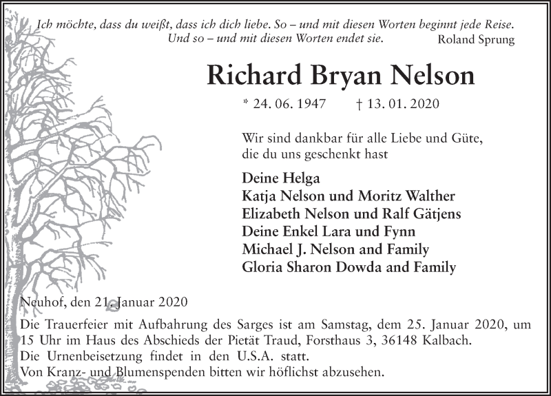  Traueranzeige für Richard Bryan Nelson vom 21.01.2020 aus FZ