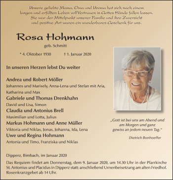 Traueranzeige von Rosa Hohmann von FZ