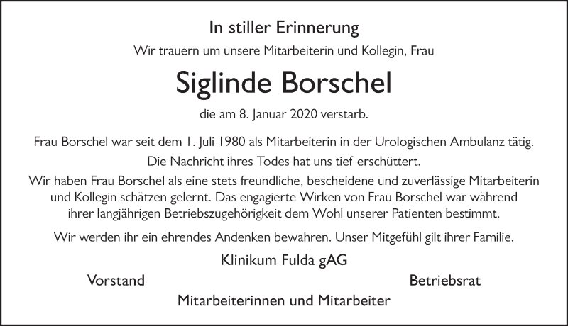  Traueranzeige für Siglinde Borschel vom 15.01.2020 aus FZ