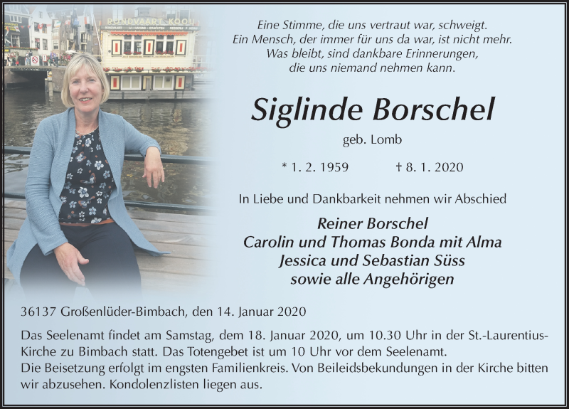  Traueranzeige für Siglinde Borschel vom 14.01.2020 aus FZ