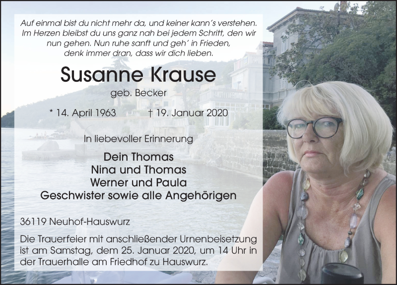  Traueranzeige für Susanne Krause vom 22.01.2020 aus FZ