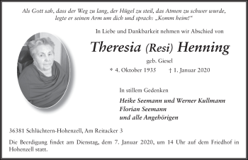 Traueranzeige von Theresia Henning von FZ