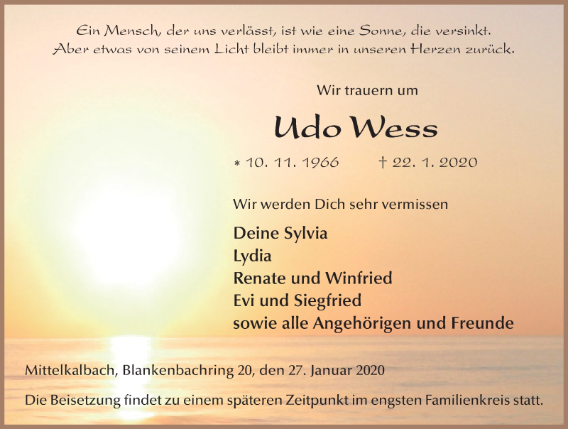 Traueranzeige für Udo Wess vom 27.01.2020 aus FZ