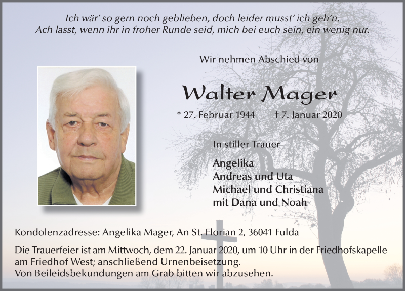  Traueranzeige für Walter Mager vom 18.01.2020 aus FZ