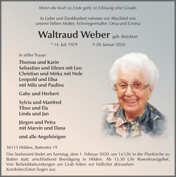 Traueranzeige von Waltraud Weber von FZ