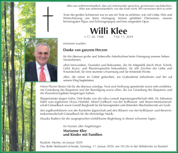 Traueranzeige von Willi Klee von FZ