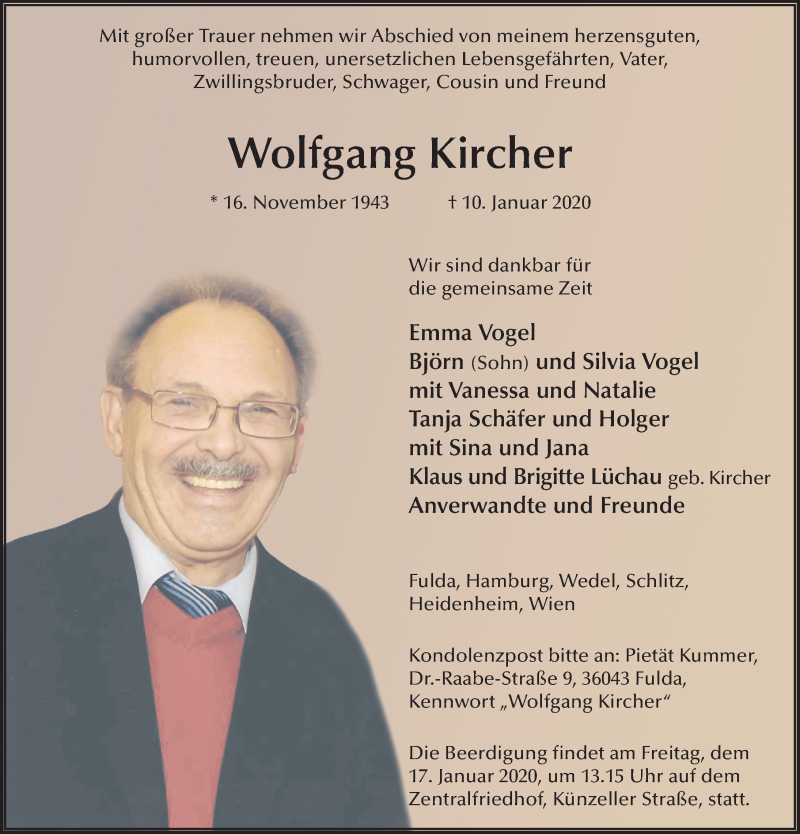  Traueranzeige für Wolfgang Kircher vom 15.01.2020 aus FZ
