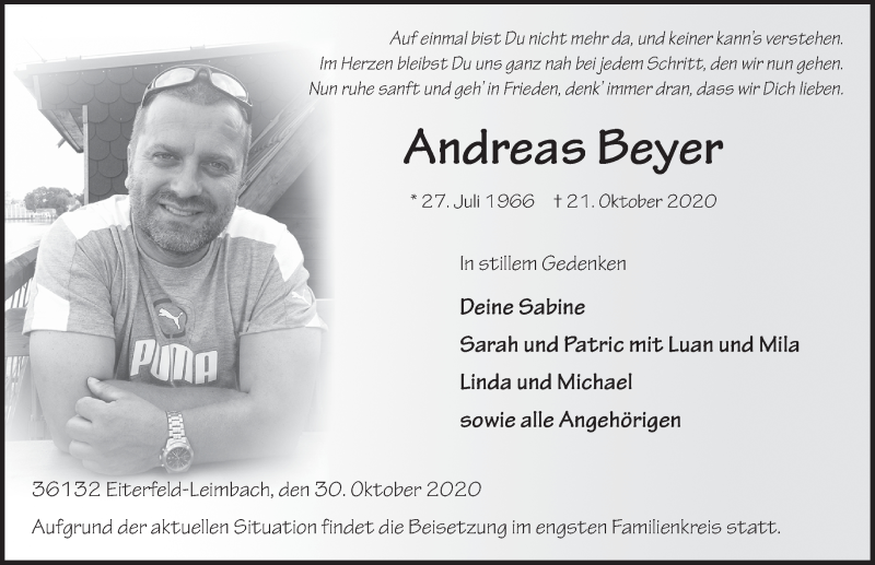  Traueranzeige für Andreas Beyer vom 30.10.2020 aus FZ