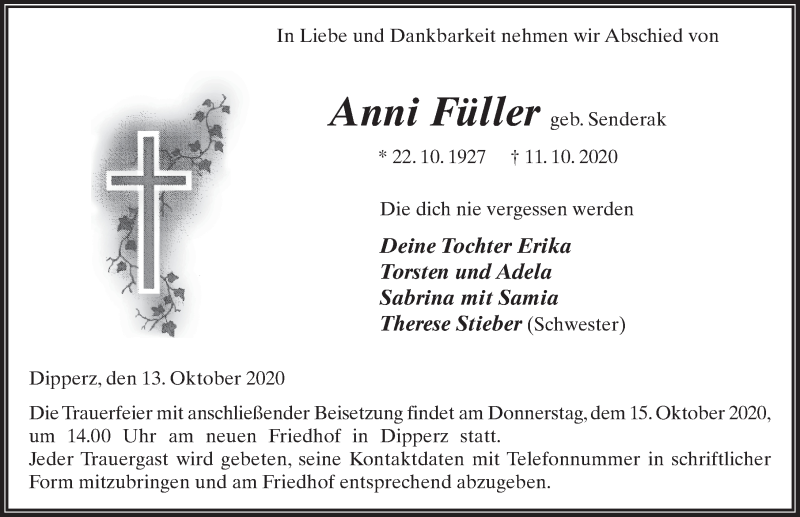  Traueranzeige für Anni Füller vom 13.10.2020 aus FZ