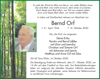 Traueranzeige von Bernd Orf von FZ