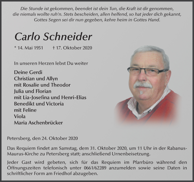  Traueranzeige für Carlo Schneider vom 24.10.2020 aus FZ
