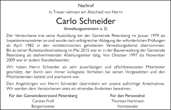 Traueranzeige von Carlo Schneider von FZ